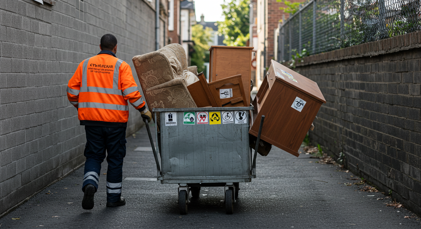 스티커가 부착된 가구를 수거하는 환경미화원