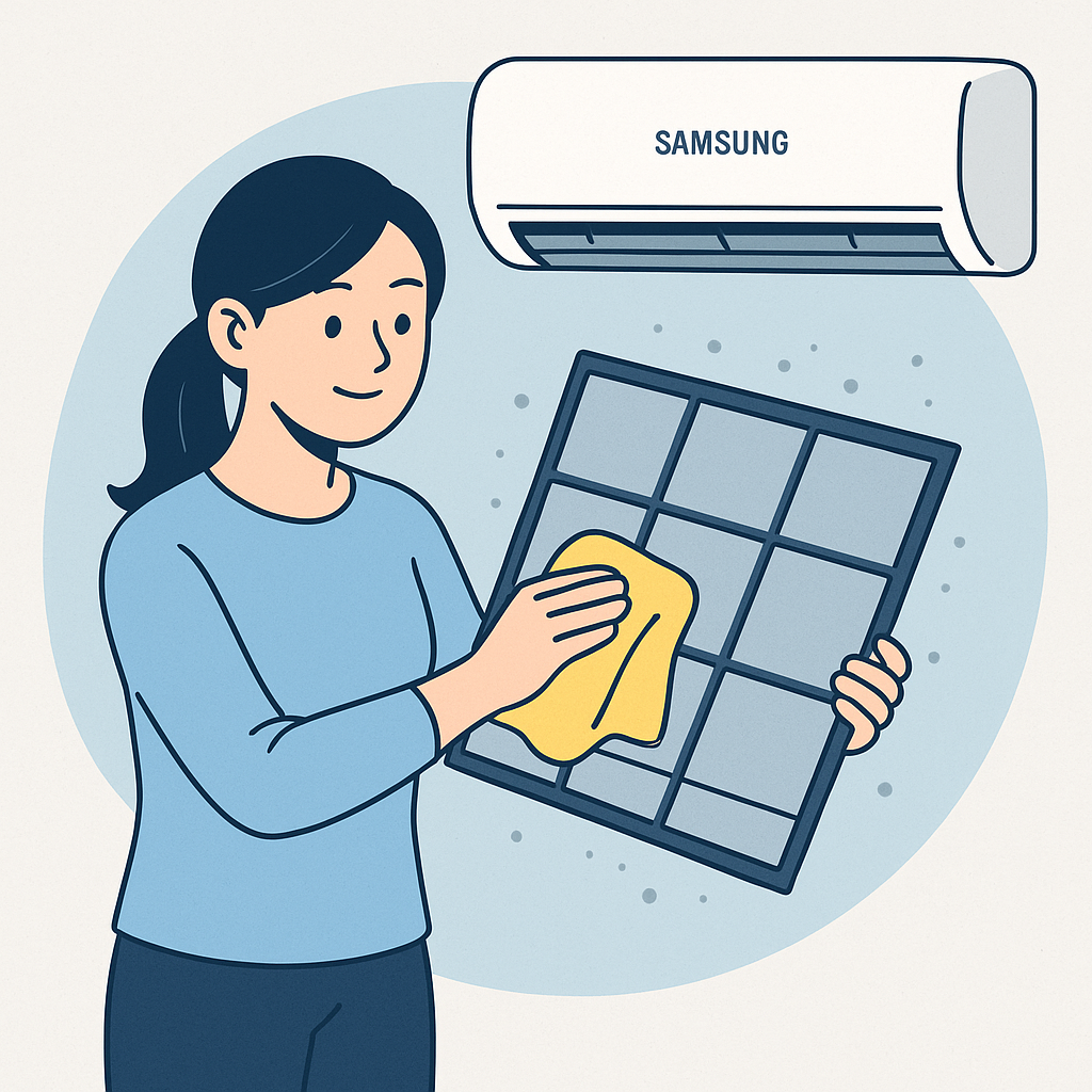 삼성 에어컨 필터 분리 후 중성세제로 세척하는 모습