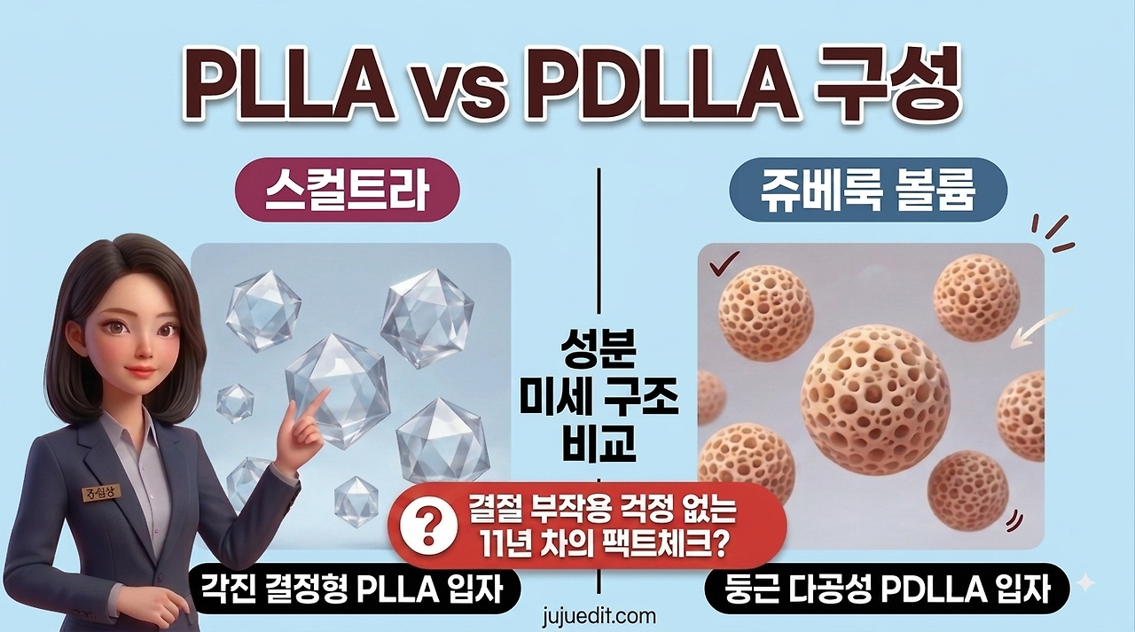 쥬베룩 볼륨과 스컬트라의 성분 미세 구조 비교: 각진 결정형 PLLA 입자와 둥근 다공성 PDLLA 입자의 차이점