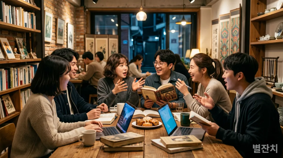 현대 한국 카페에서 역사 인물에 대해 토론하는 젊은 한국인들