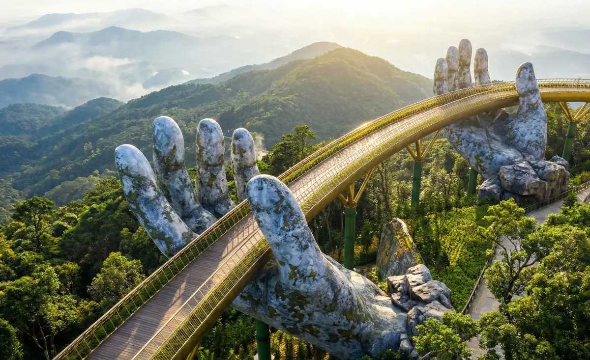 거대한 두 손 조형물이 금색 다리를 받치고 있는 바나힐 골든브릿지의 웅장한 모습