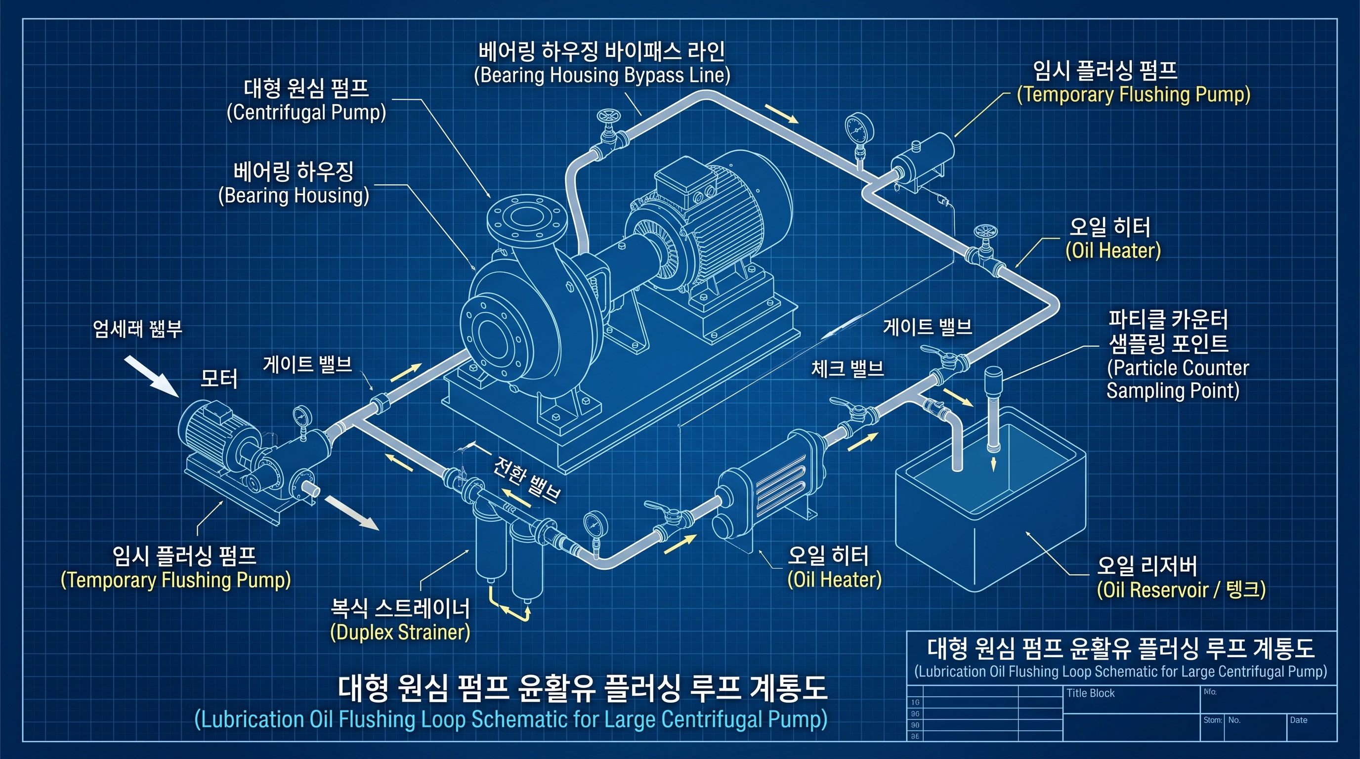 대형 원심 펌프 및 터빈 윤활유 배관 플러싱 임시 바이패스 배관 라인 및 필터 차압 모니터링 시스템 3D 기술 도면