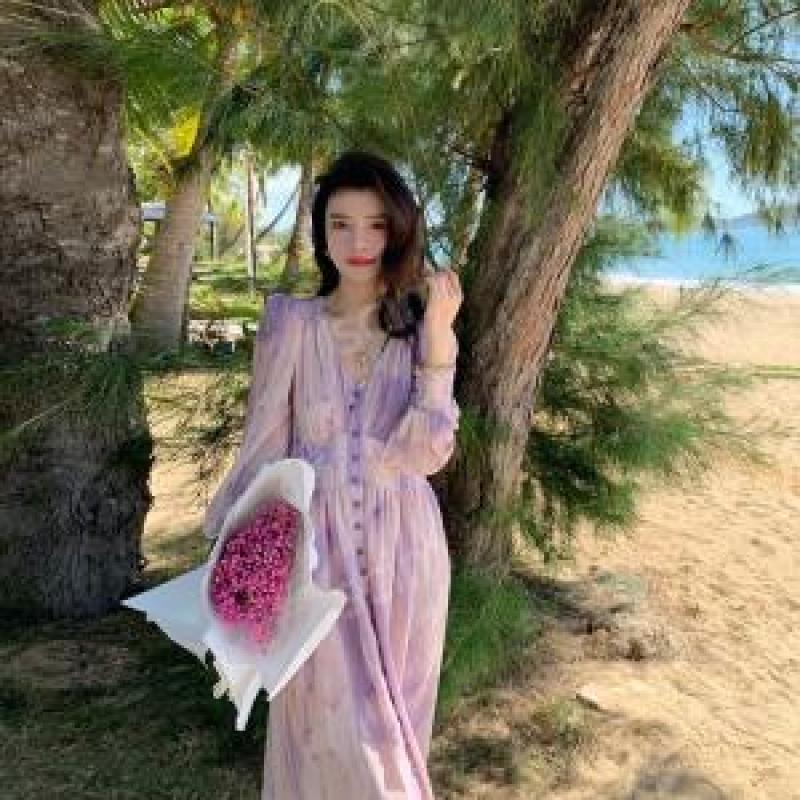 하이 엔드 셔링 콩단추 브이넥 쉬폰 원피스 공주 원피스 슬림 퍼프 드레스