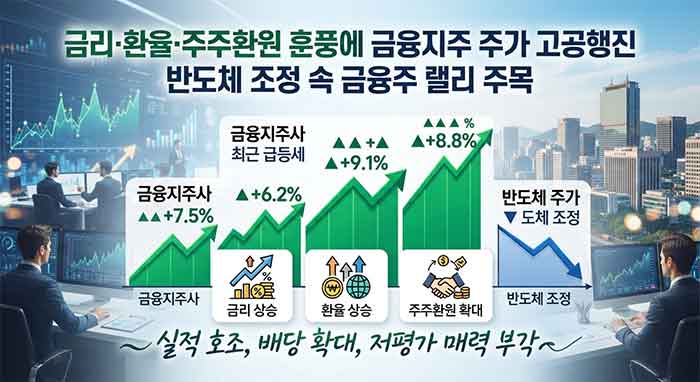 금융지주 주가 상승과 반도체 조정을 나타내는 증권가 이미지.