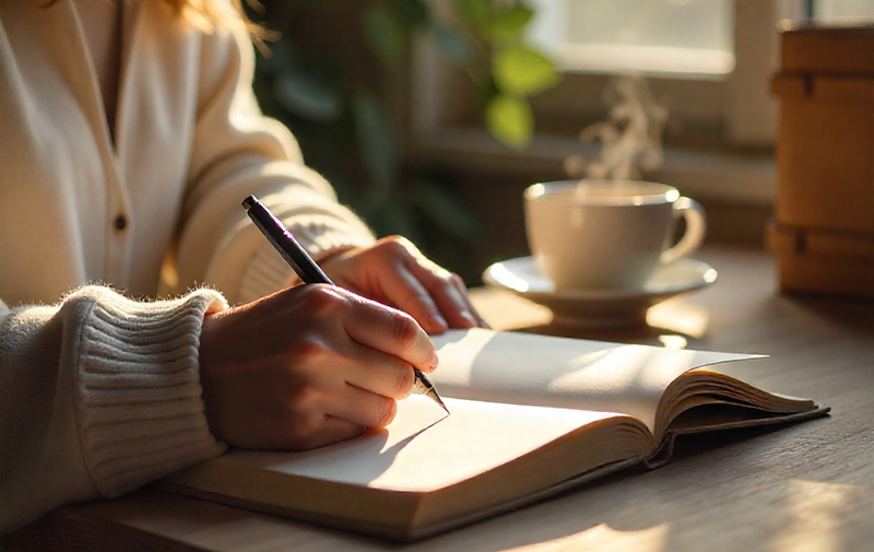 다이어리에 글을 적고 있는 모습.옆에는 김이 모락모락 오르는 커피잔이 놓여 있고 창문으로는 햇살이 ㄱ비치고 있음.