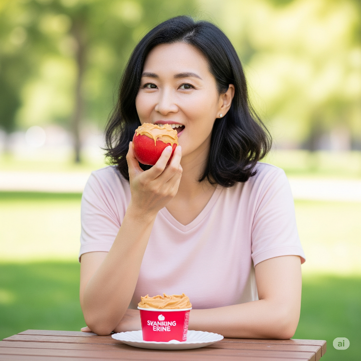 한국인 여성이 사과와 땅콩버터를 함께 먹는 모습