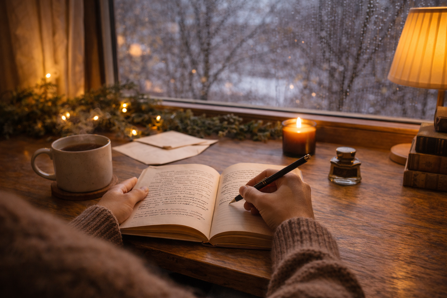 겨울 저녁, 창가 책상에서 노트를 쓰며 하루를 정리하는 조용한 기록의 시간