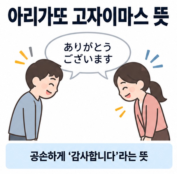 아리가또 고자이마스 뜻이라는 제목과 일본어 감사합니다 표현, 인사하는 두 사람을 함께 표현한 대표 이미지