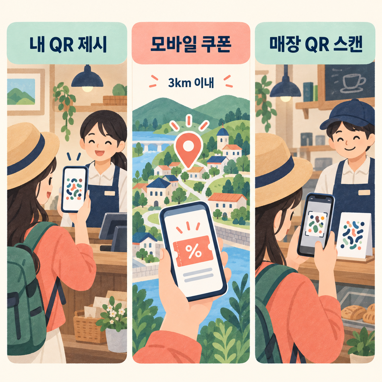 내 QR 제시와 모바일 쿠폰 발급, 현장 업체 QR 스캔의 세 인증 방식 비교