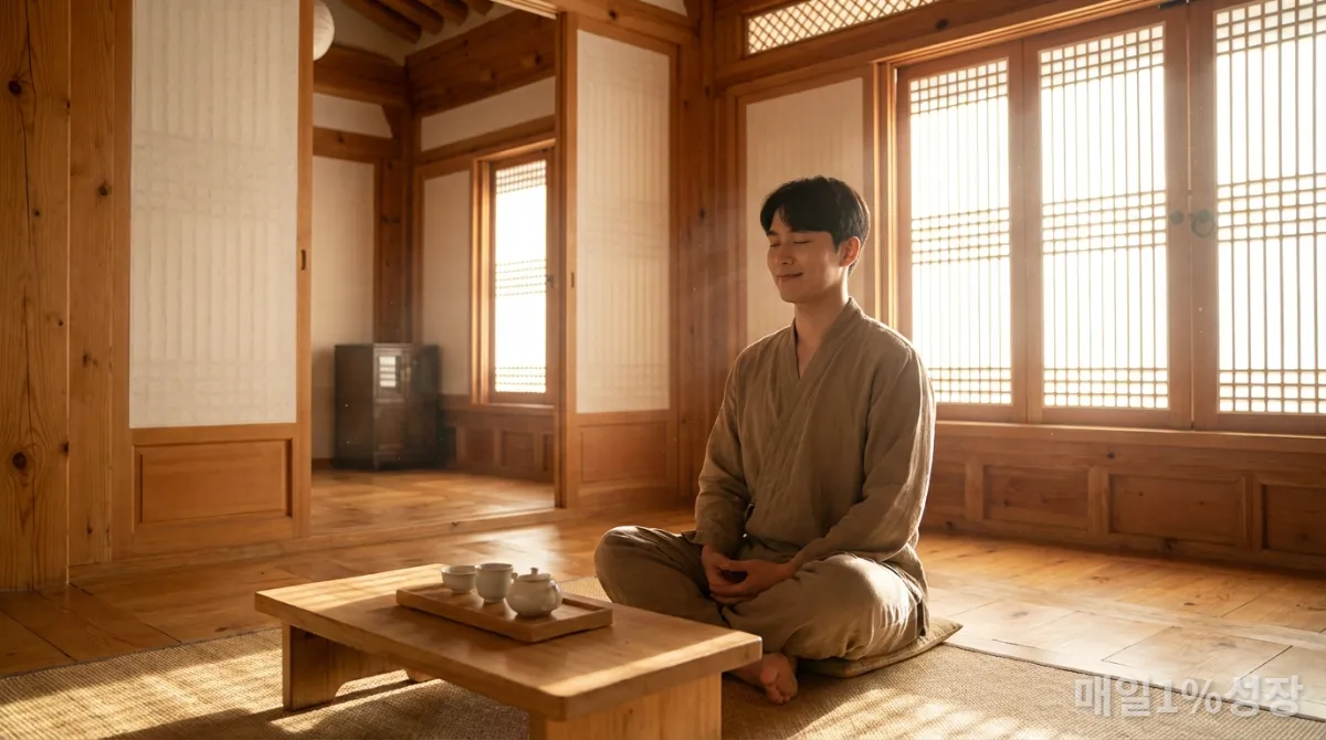 한옥에서 평화롭게 명상하는 한국 남성