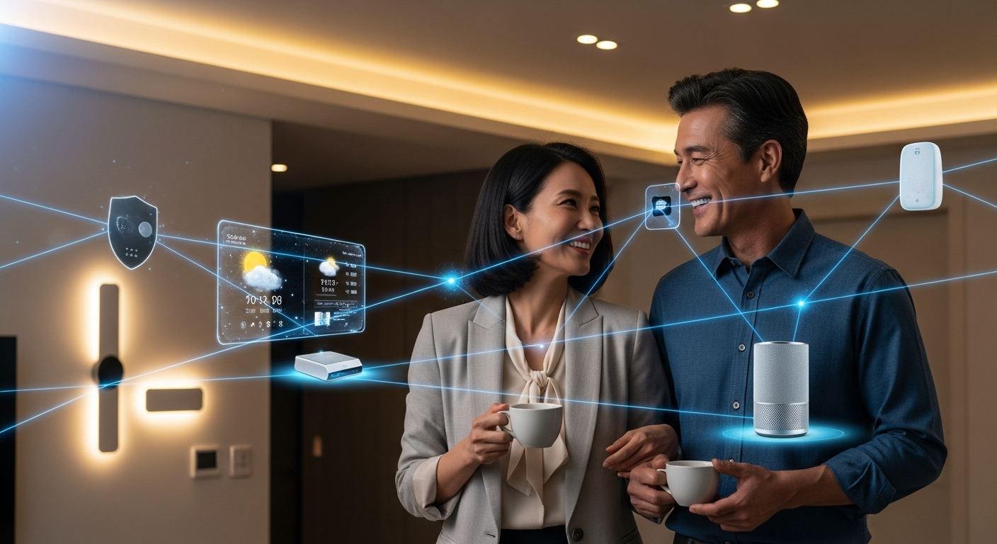 철저한 보안 설정 후 안전하게 스마트 기기를 활용하는 일상 모습