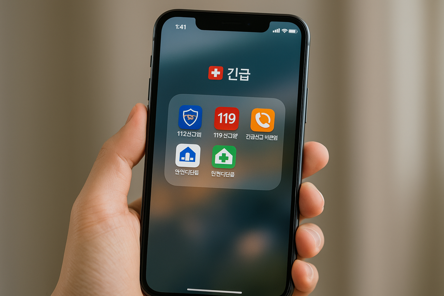 스마트폰 화면의 '🆘 긴급' 폴더와 112&middot;119&middot;긴급신고 바로앱&middot;안전디딤돌 아이콘을 들고 있는 손