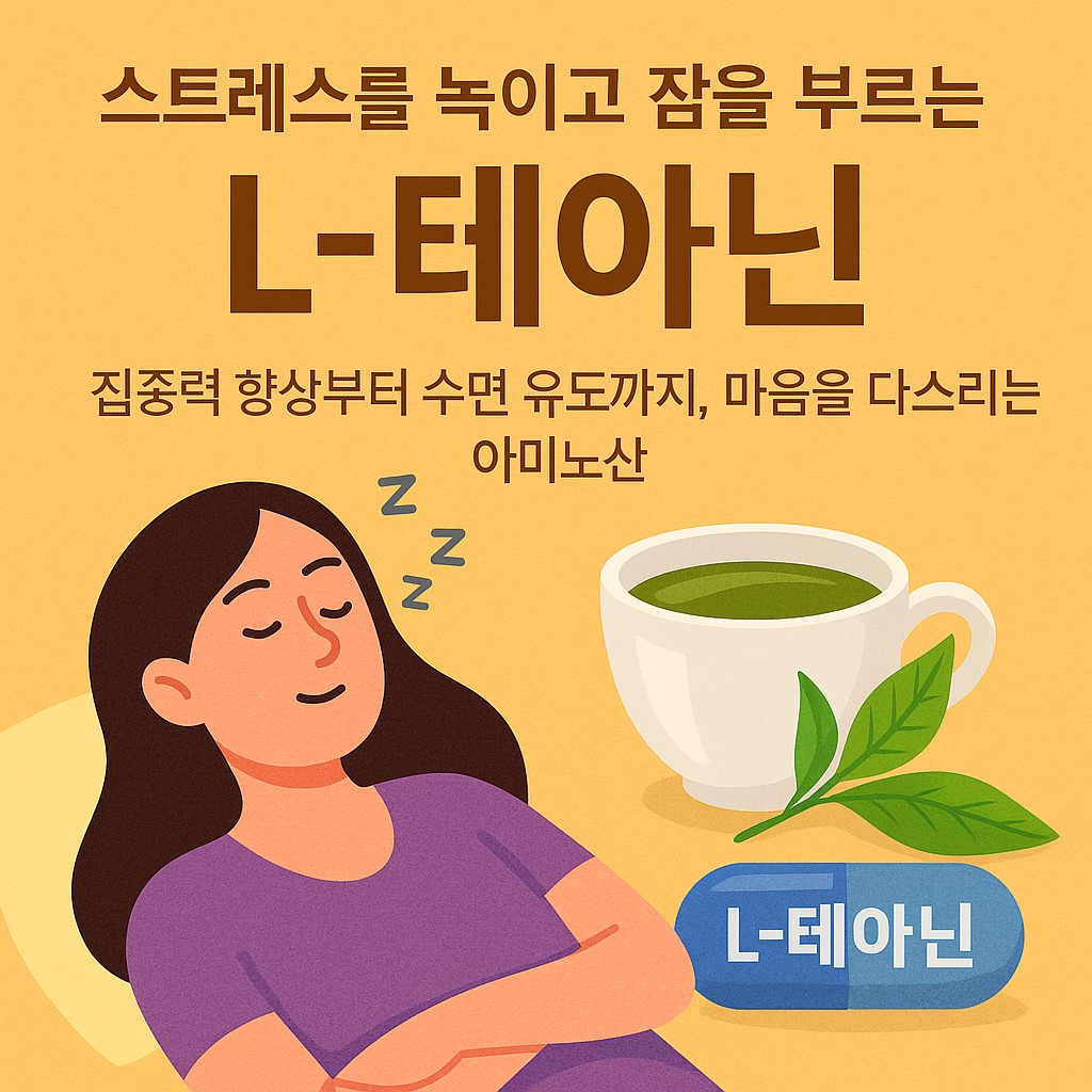 스트레스 해소와 불면증에 도움이 되는 아미노산 L-테아닌 이미지 만화체 그림