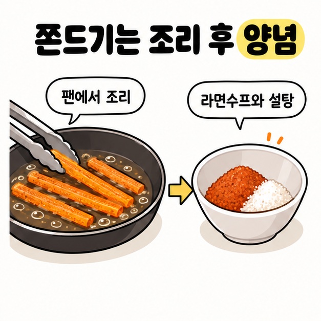 집게로 팬의 쫀드기를 조리하는 장면에서 라면수프와 설탕이 담긴 볼로 화살표를 연결해 조리 후 양념 과정을 설명한 그림