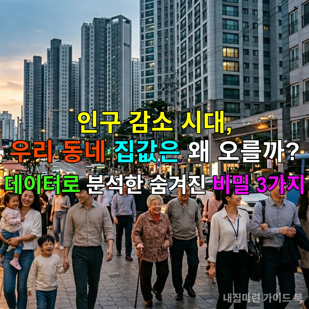 인구 감소 시대에도 활기찬 한국 도시의 아파트 단지와 다양한 연령대의 사람들이 어우러진 모습
