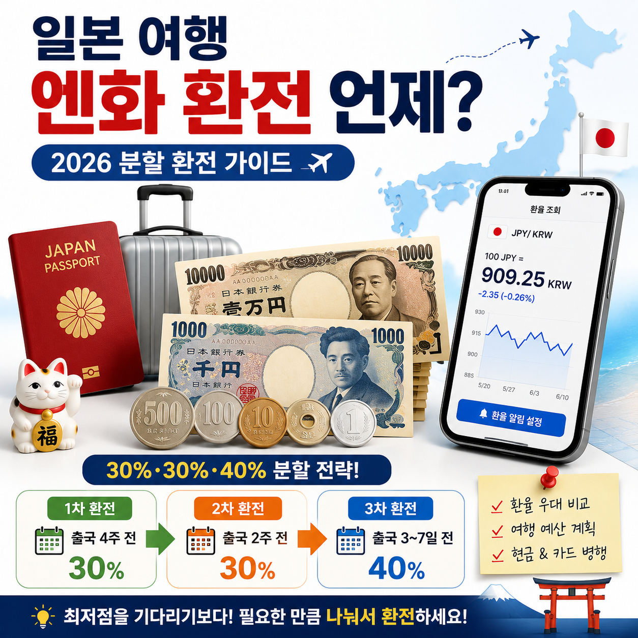 일본 여행을 앞두고 스마트폰으로 엔화 환율과 환전 시기를 확인하는 모습