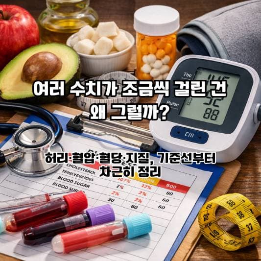 건강검진 결과지에 여러 수치가 조금씩 표시되어 혼란스러운 40~60대의 일상 장면