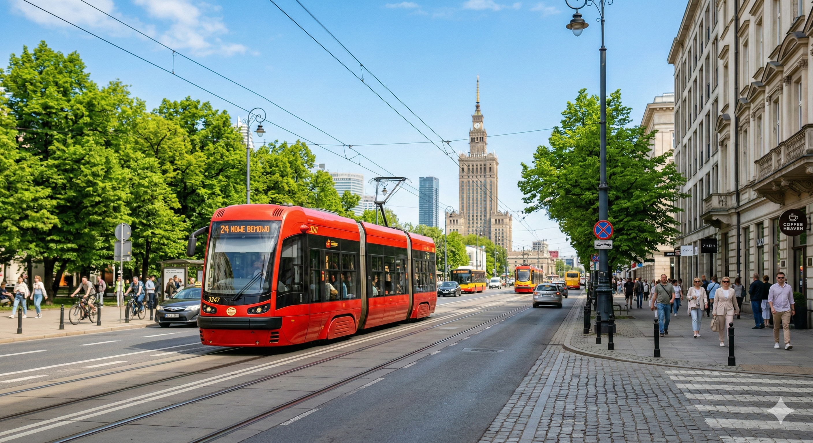 폴란드 바르샤바 시내를 가로지르는 편리하고 상징적인 붉은색 트램