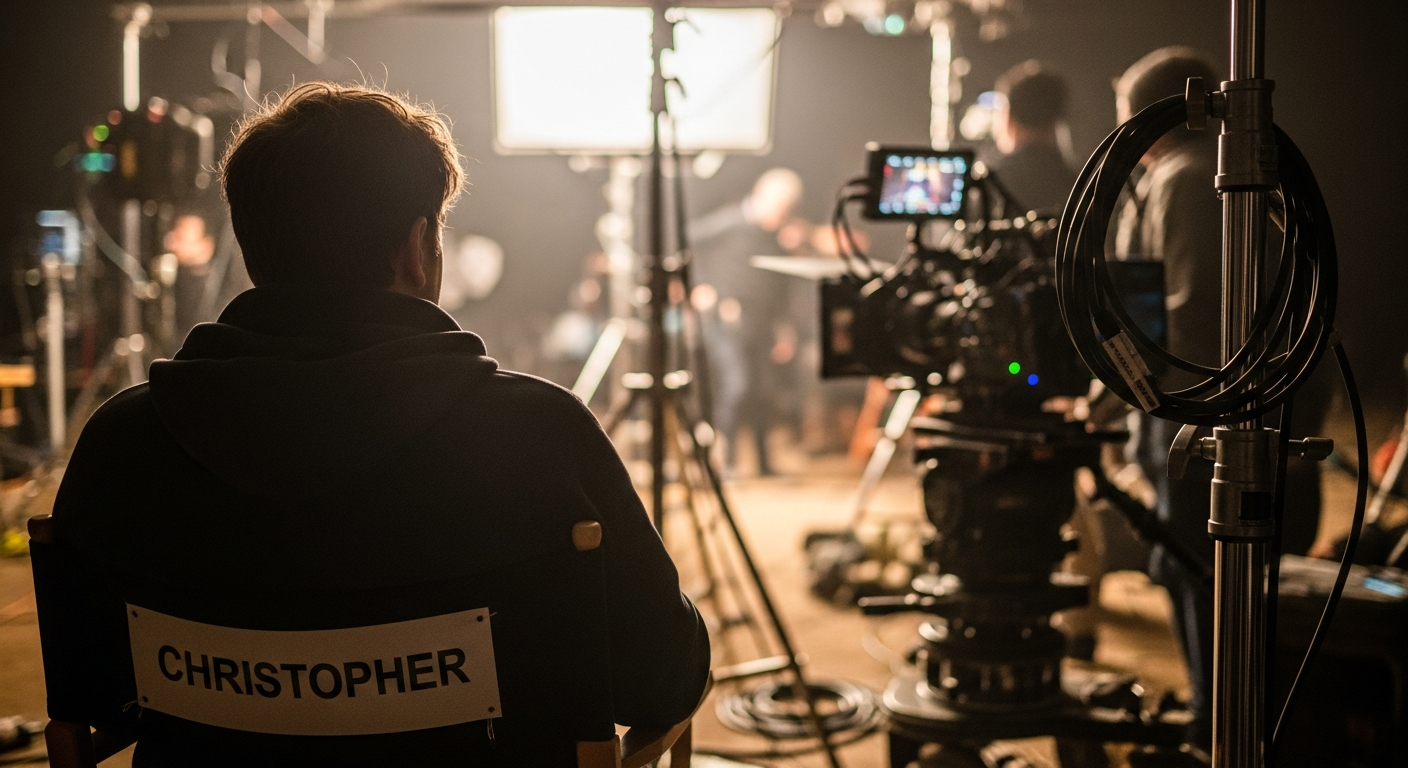 감독 의자에 앉아 현장을 바라보는 감독의 뒷모습