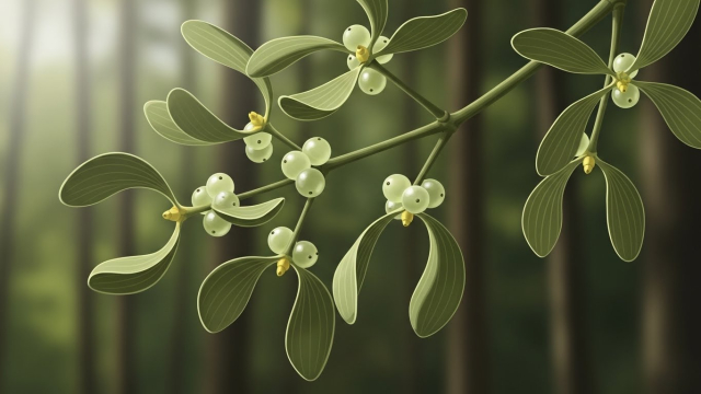 겨우살이 가지와 연두색 열매를 가까이 보여주는 이미지