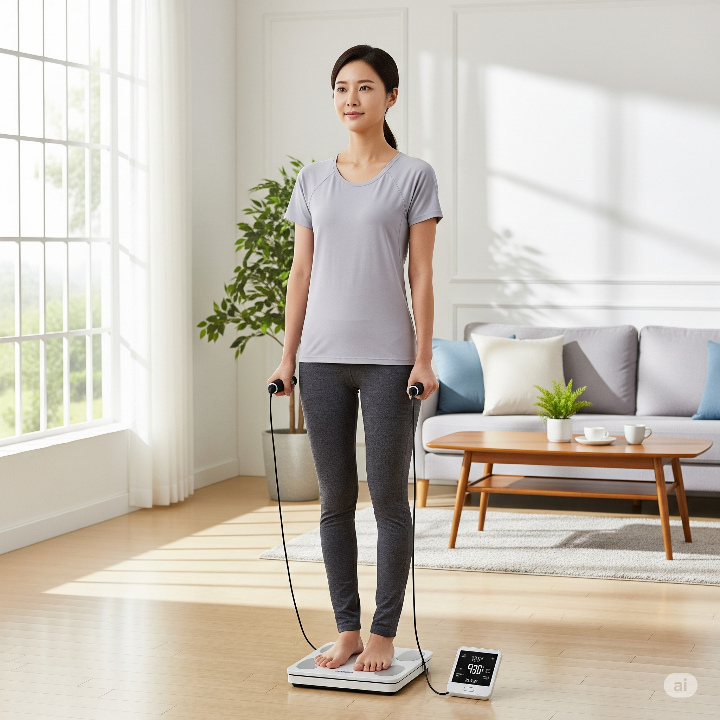 정확한 체성분 측정을 위해 8점식 터치 센서가 적용된 가정용 인바디 체중계 사진. 제품 위에 여성이 서서 측정하는 모습.