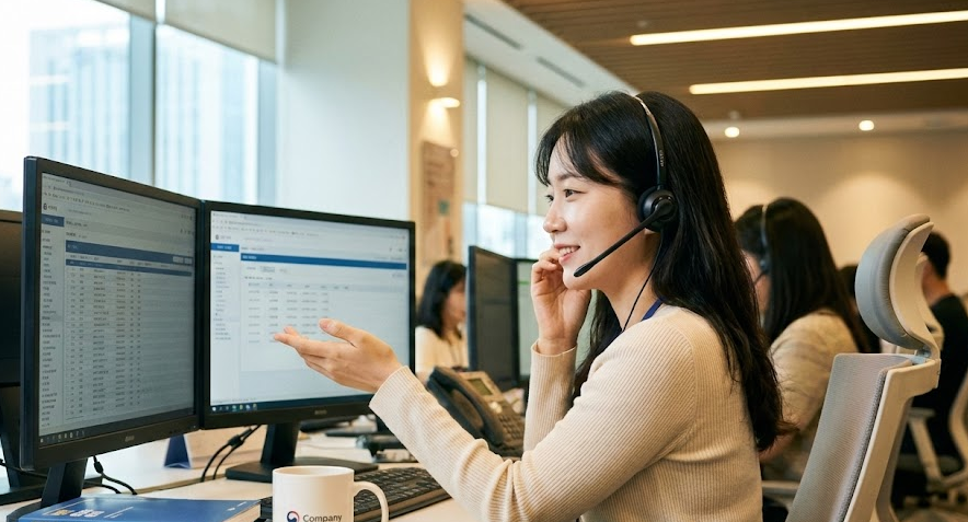 차분한 분위기에서 고객센터에 전화 상담을 진행하는 모습