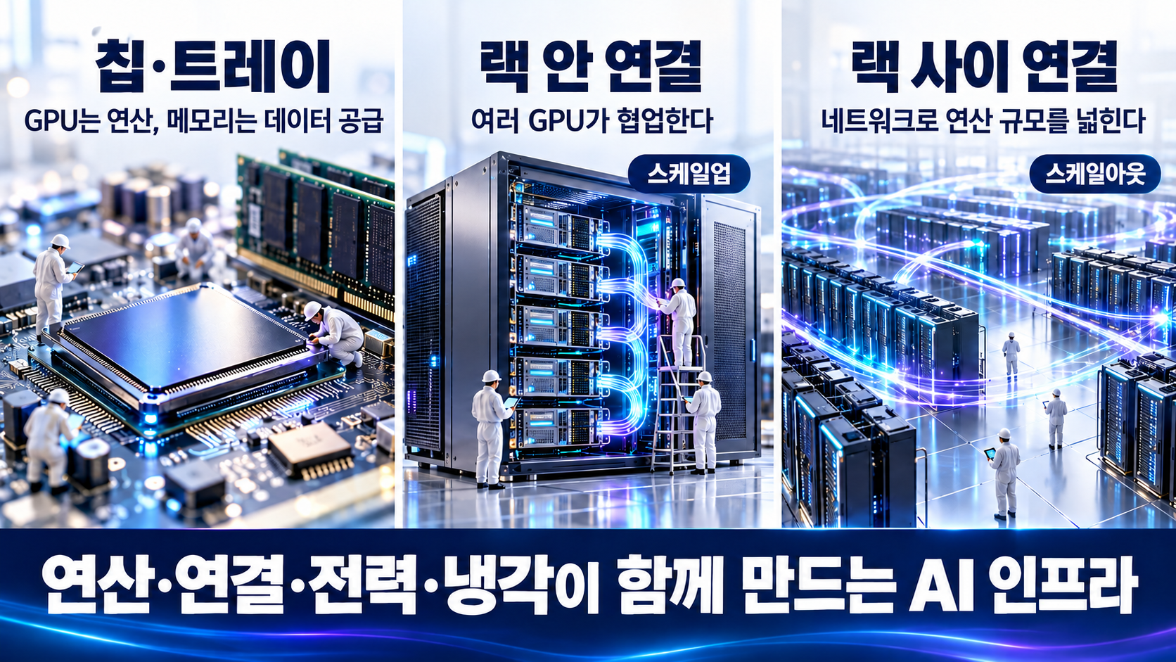 칩&middot;트레이, 랙 내부 연결, 랙 사이 연결로 확장되는 AI 인프라 이미지.