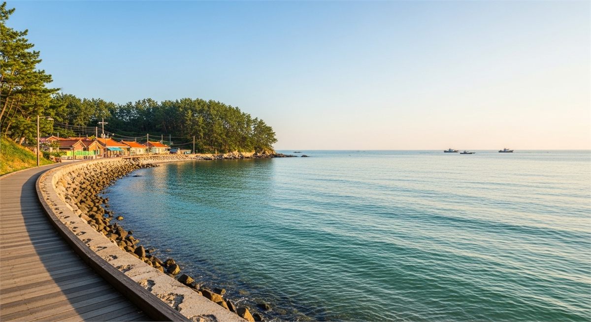 바다와 마을이 함께 보이는 이수도 산책 풍경 