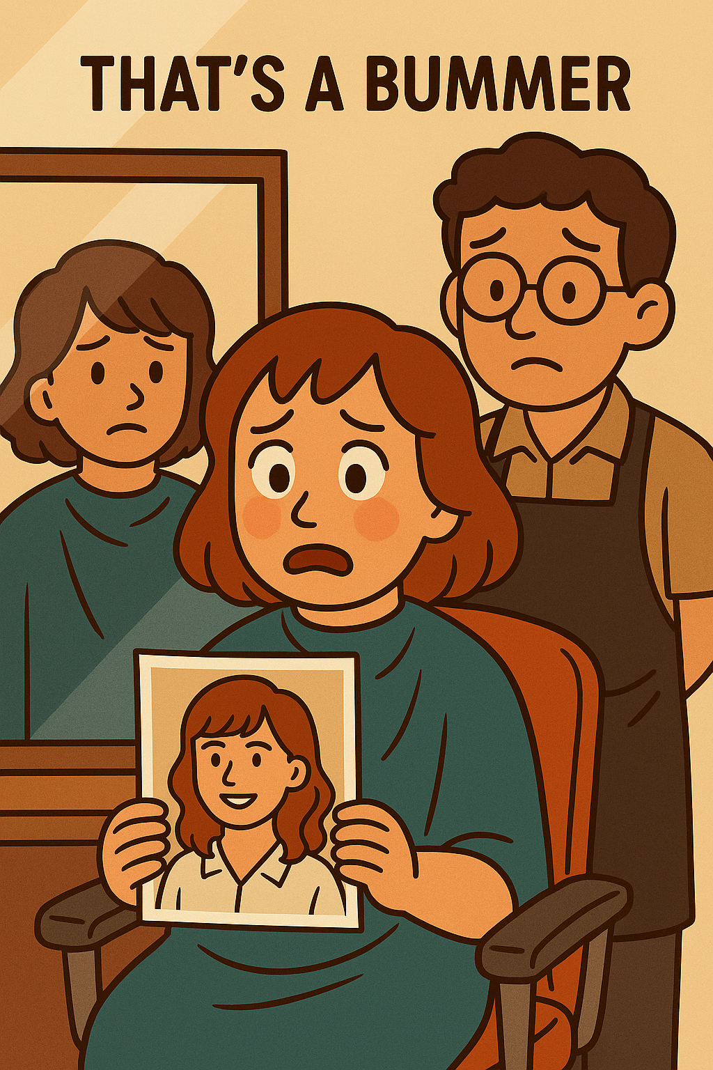 들고간 사진과 머리가 너무 다르게 니와서 실망하는 여인과 미안해하는 미용사 그림