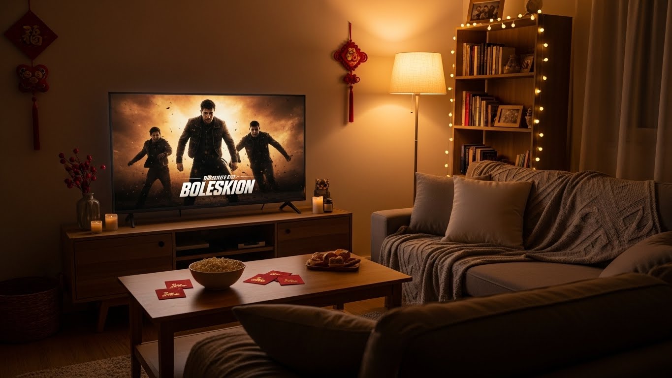 2026년 설날 연휴 거실에서 즐기는 TV 특선 영화 시청 모습