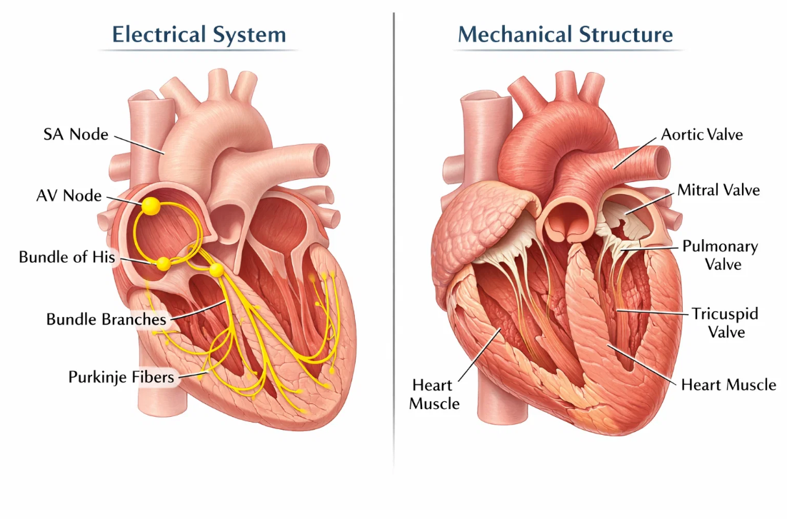 부정맥 판단에서 구분되는 심장의 전기 시스템과 기계적 구조 비교 해부도