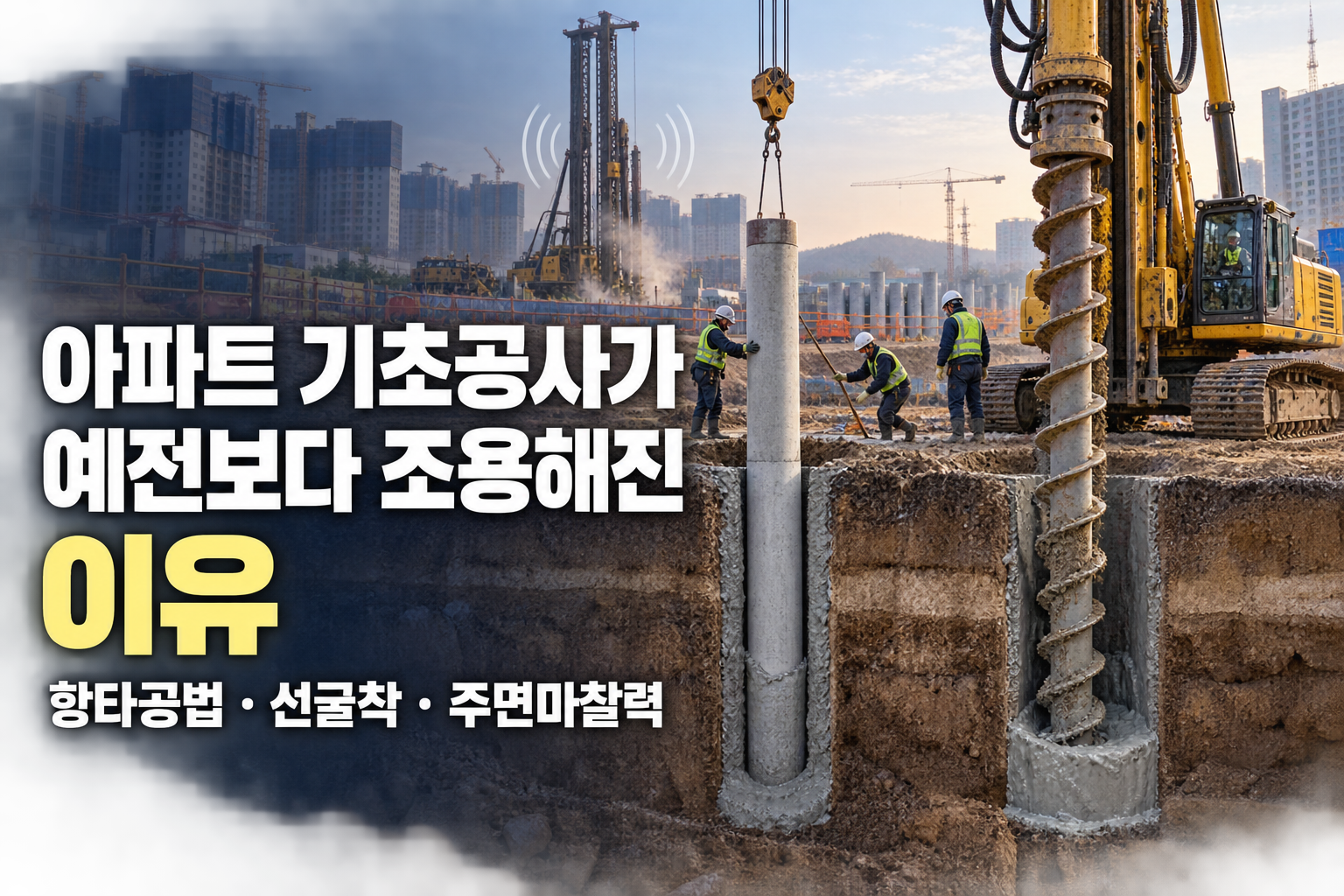 오거로 굴착한 뒤 말뚝을 삽입하는 아파트 기초공사