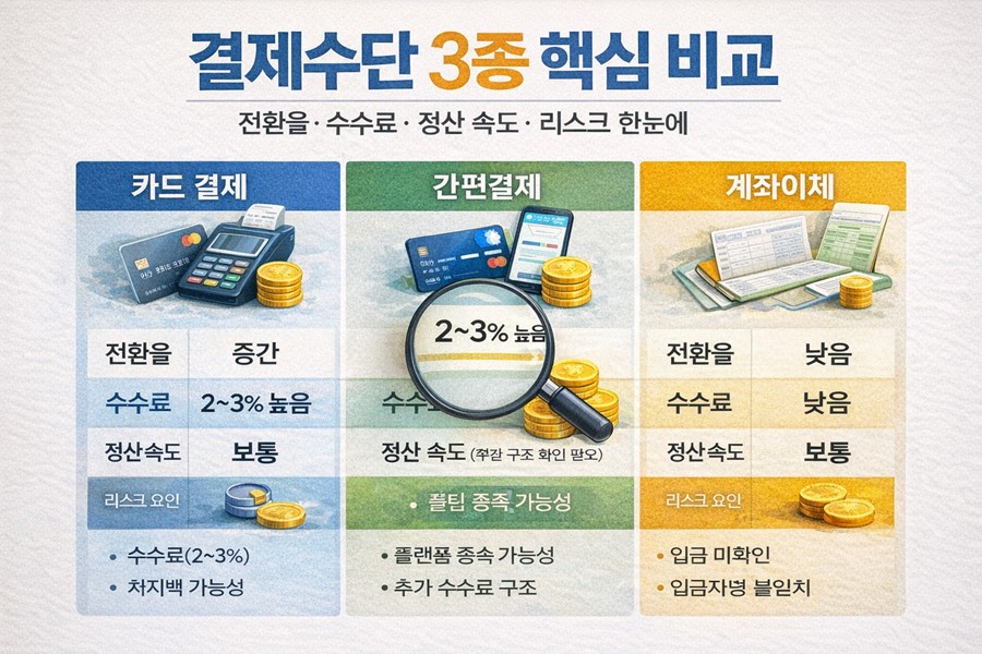 카드 결제, 간편결제, 계좌이체의 전환율과 수수료, 정산 속도와 환불&middot;분쟁 리스크를 한눈에 비교한 요약 인포그래픽입니다.