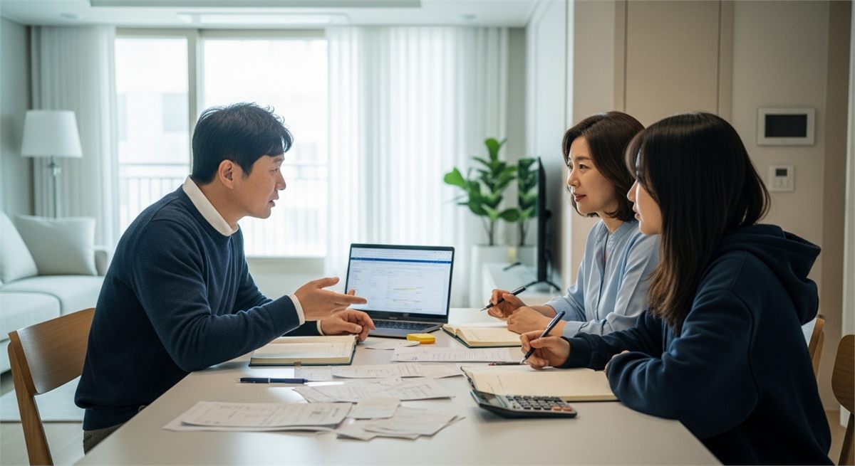 가족이 식탁에서 가계비와 건강보험료 기준을 함께 살펴보는 장면