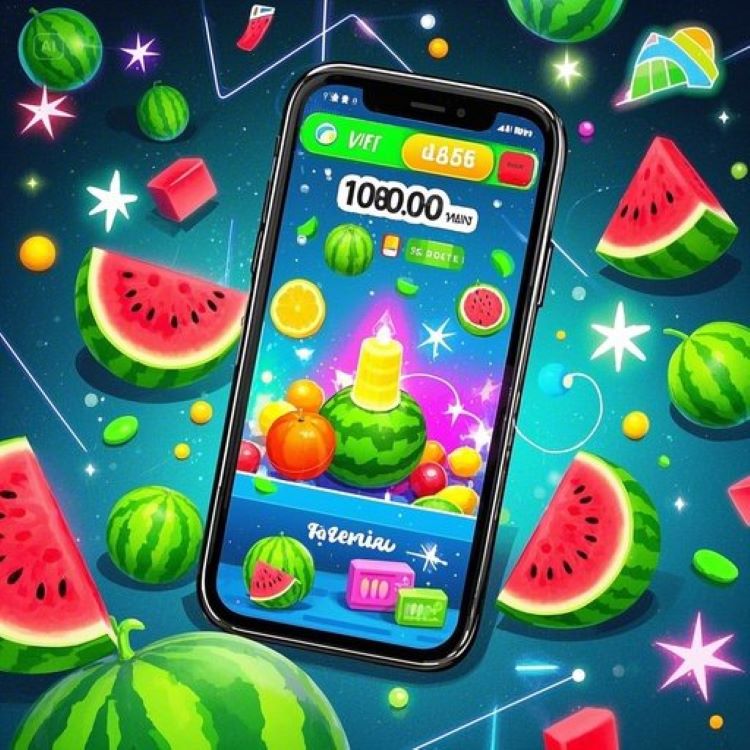 "스마트폰 화면에 토스 수박 게임, 색색의 과일과 수박이 반짝이는 장면. 배경에 토스 로고와 10만 포인트 그래픽, 활기차고 현대적인 금융 분위기.&rdquo;