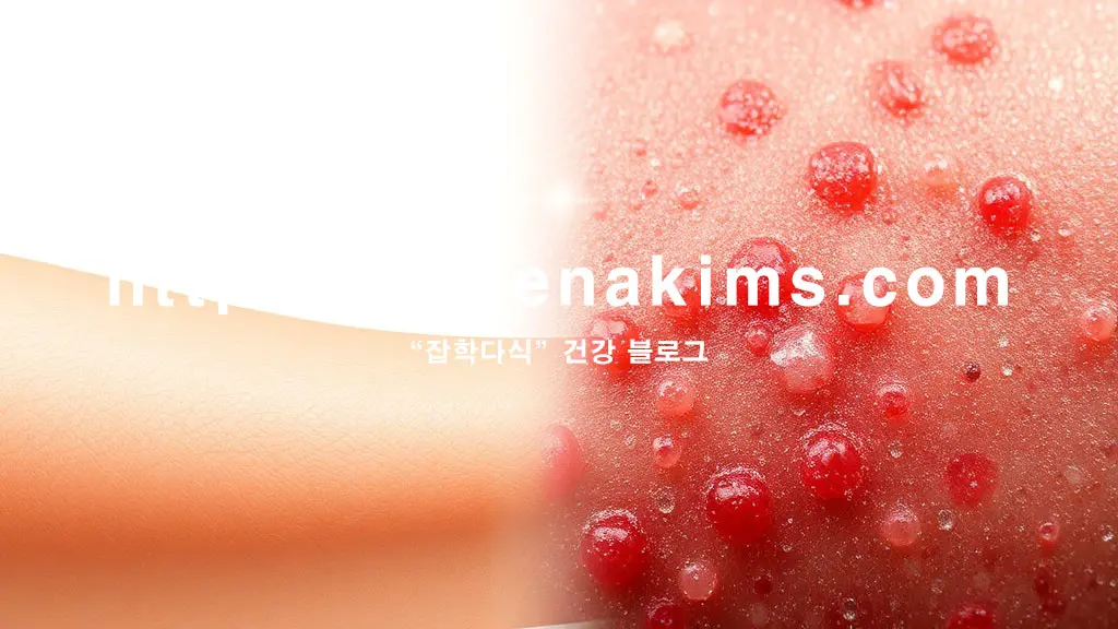 왼쪽은 촉촉하고 건강한 피부, 오른쪽 패널은 붉은색 물집이 잡힌 건선 특유의 염증과 은백색 인설을 표현한 이미지.