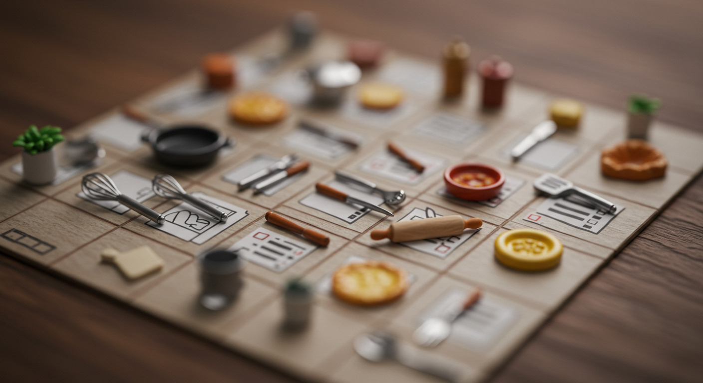 미니어처 조리도구와 체크박스를 틸트쉬프트로 촬영한 아이콘형 이미지