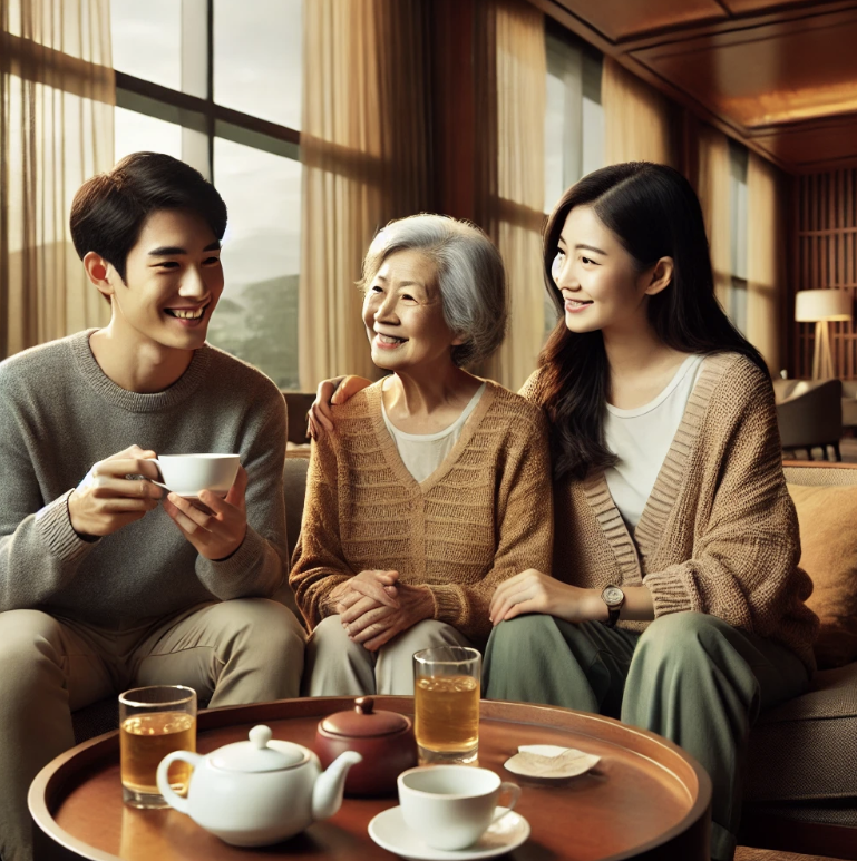 부모님과 함께 호텔에서 휴식하는 사진