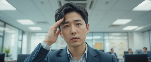 무기력하고 피곤한 표정으로 책상에 앉아 휴식을 취하는 사람