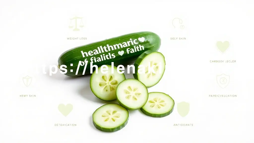 신선하게 잘린 오이와 오이 슬라이스가 중앙 놓여있다. 오이 주변으로는 5가지 핵심 효능을 상징하는 그래픽 아이콘들이 있는 이미지.