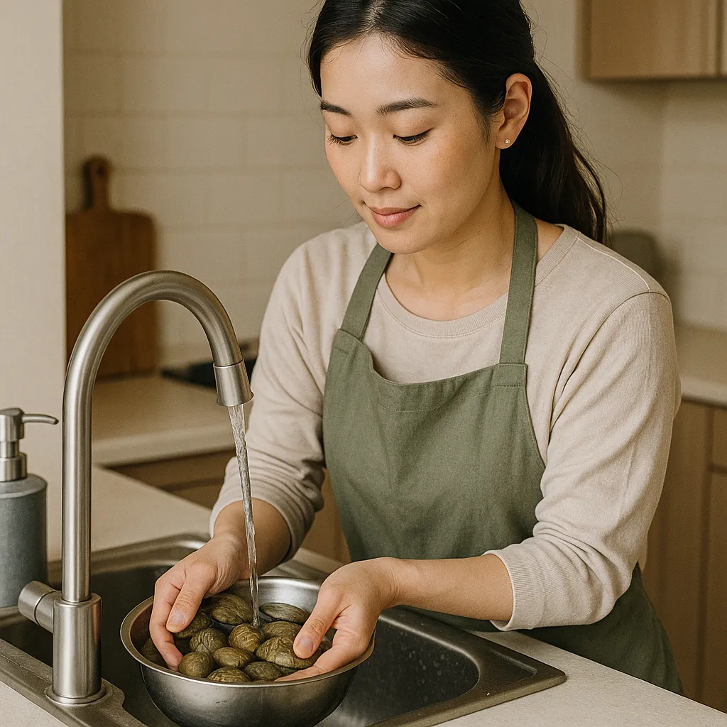 싱크대에서 조개를 세척하는 모습