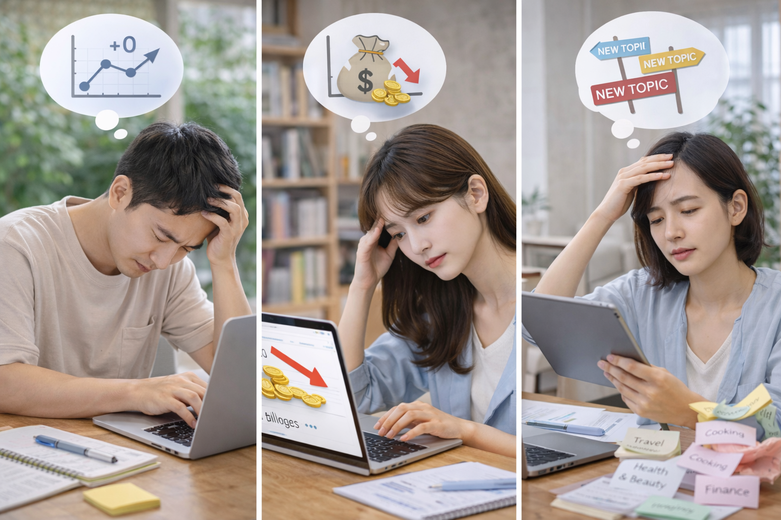 블로그 방문자 정체로 고민하는 초보 블로거 작업 장면,
블로그 수익이 나지 않아 분석하는 콘텐츠 작성 모습,
블로그 주제 선택에 고민하는 정보 조사 장면,
재택 환경에서 블로그 운영 문제를 검토하는 작업 모습