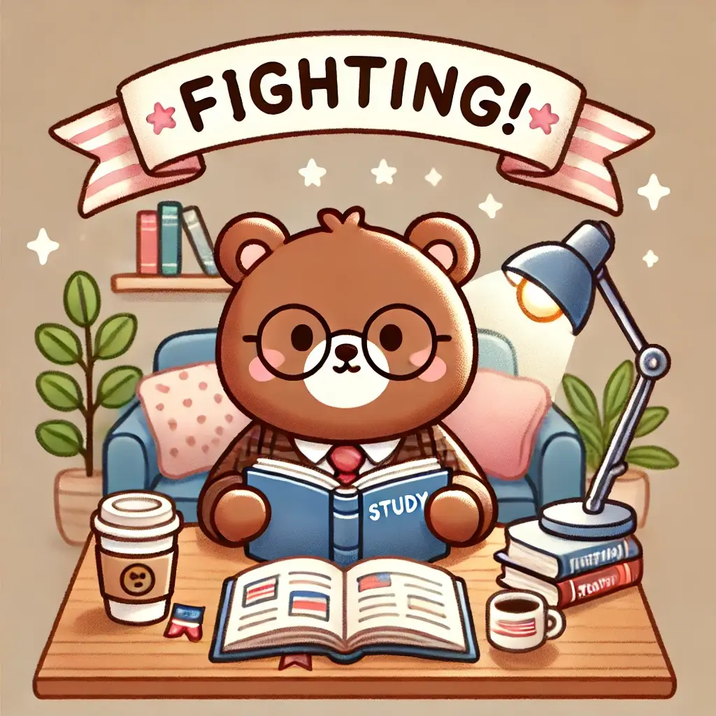 공부하는 귀여운 곰이 책상에 앉아 있고, 배경에 'Fighting!'이라는 응원 메시지가 적힌 현수막이 있는 이미지. 곰은 안경을 쓰고 책과 커피컵 옆에서 집중하고 있으며, 아늑하고 따뜻한 분위기가 느껴진다. 학습과 격려를 담은 장면으로 성인 학습자를 위한 동기부여 이미지를 제공.