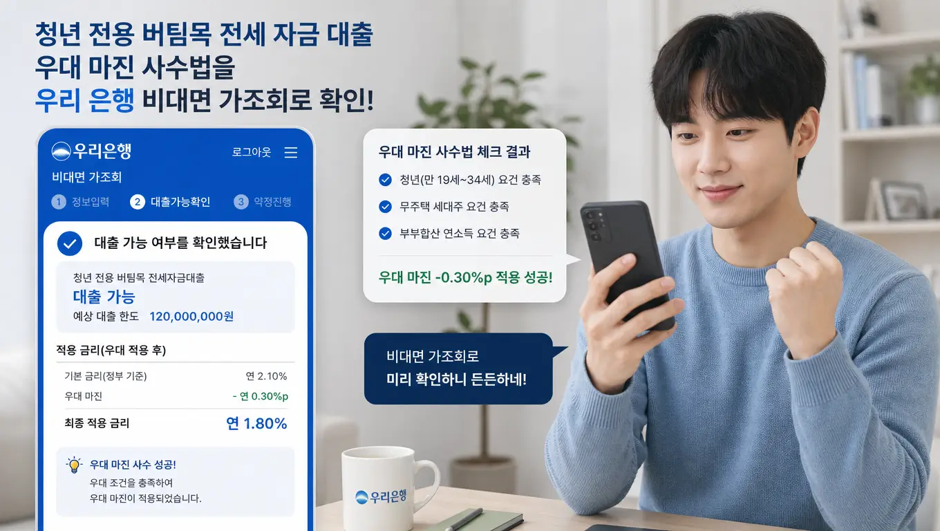 청년 전용 버팀목 전세 자금 대출 우대 마진 사수법을 우리 은행 비대면 가조회로 확인하는 모습