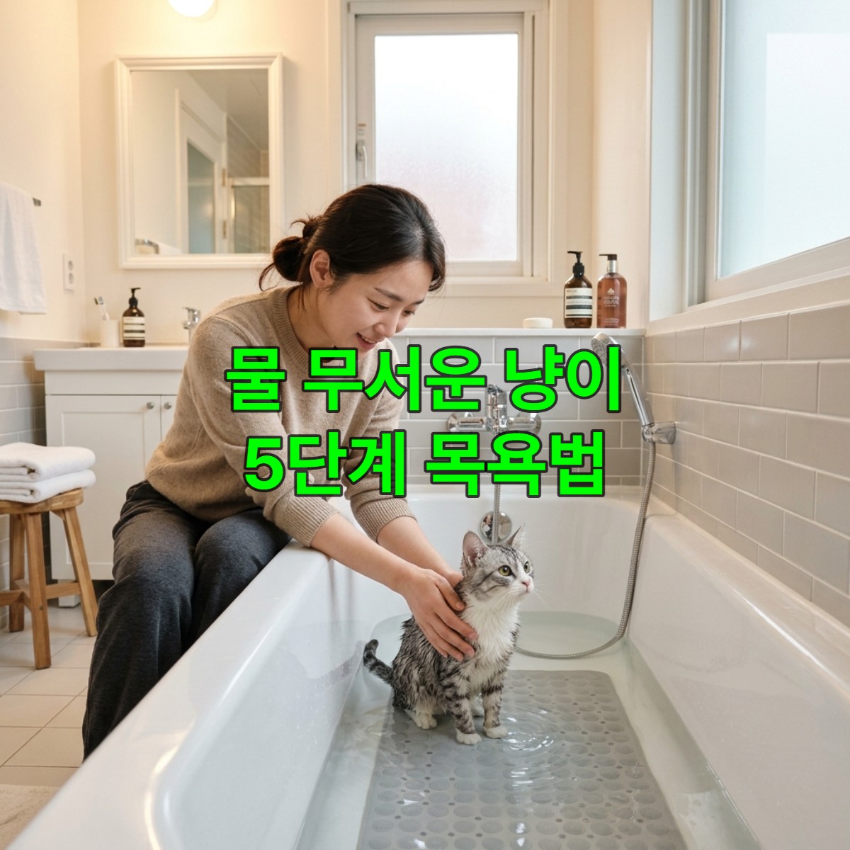 한국의 모던한 욕실에서 집사가 미끄럼 방지 매트 위 고양이를 달래며 점진적으로 목욕 훈련을 시키는 모습