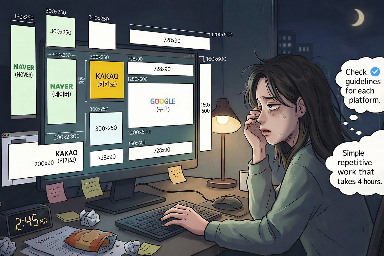 残業しながら手作業で広告バナーのリサイズ作業をしている、疲れ切ったデザイナーの様子