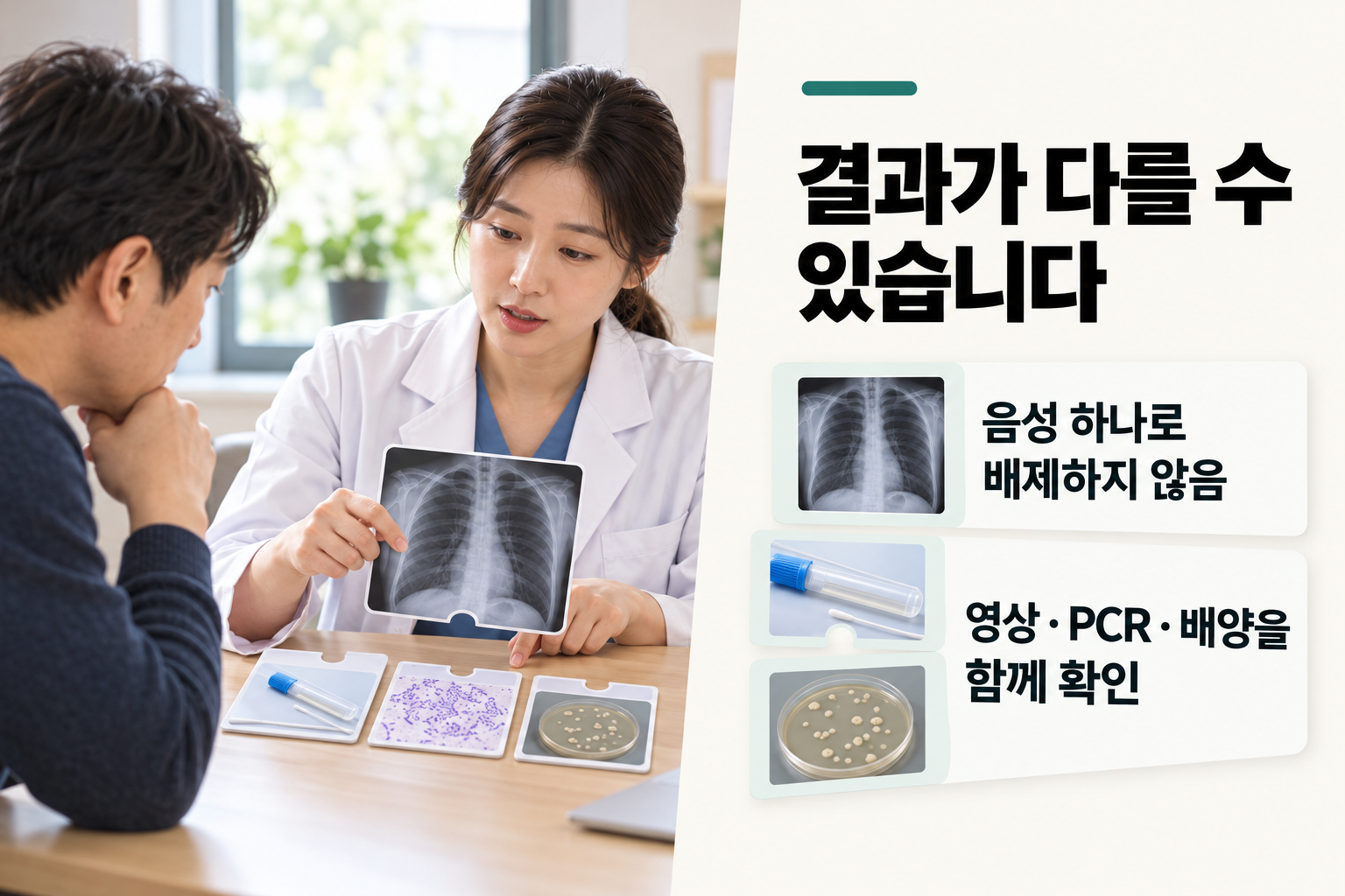객담 도말과 PCR, 배양 및 흉부영상 결과가 다를 때 추가 확인이 필요함을 보여 주는 카드