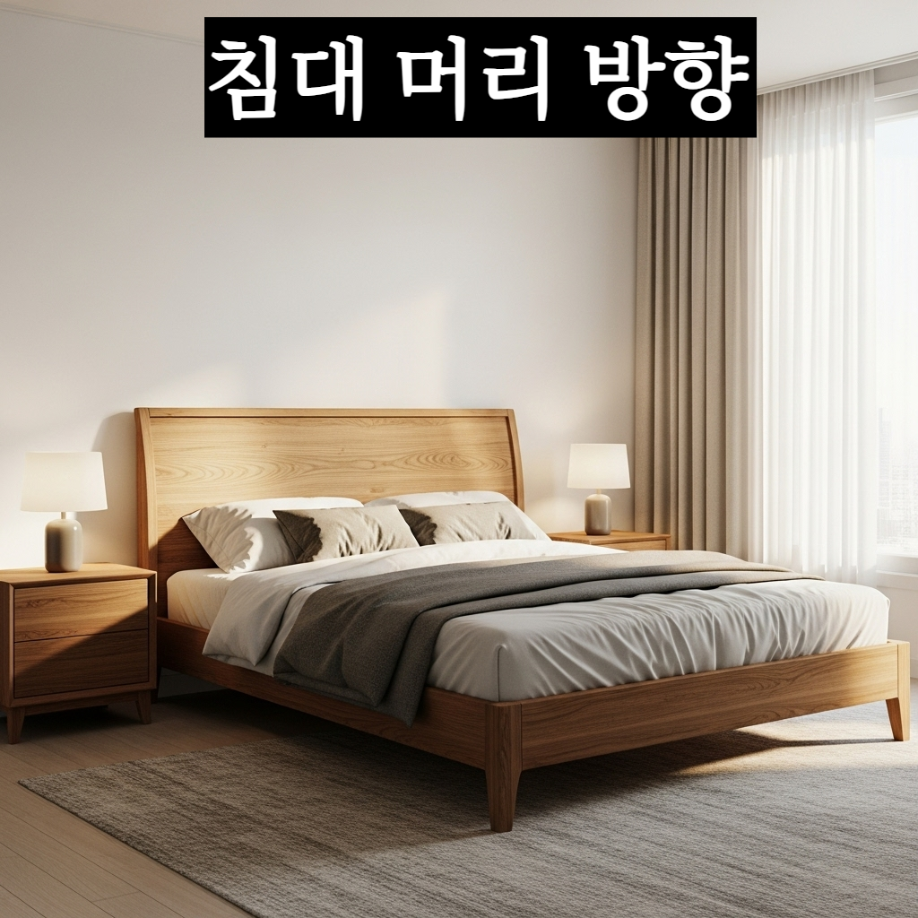 따뜻한 아침 햇살이 비치는 차분한 한국 아파트 침실에 원목 침대와 협탁이 방문 대각선 벽면에 안정적으로 배치된 모습