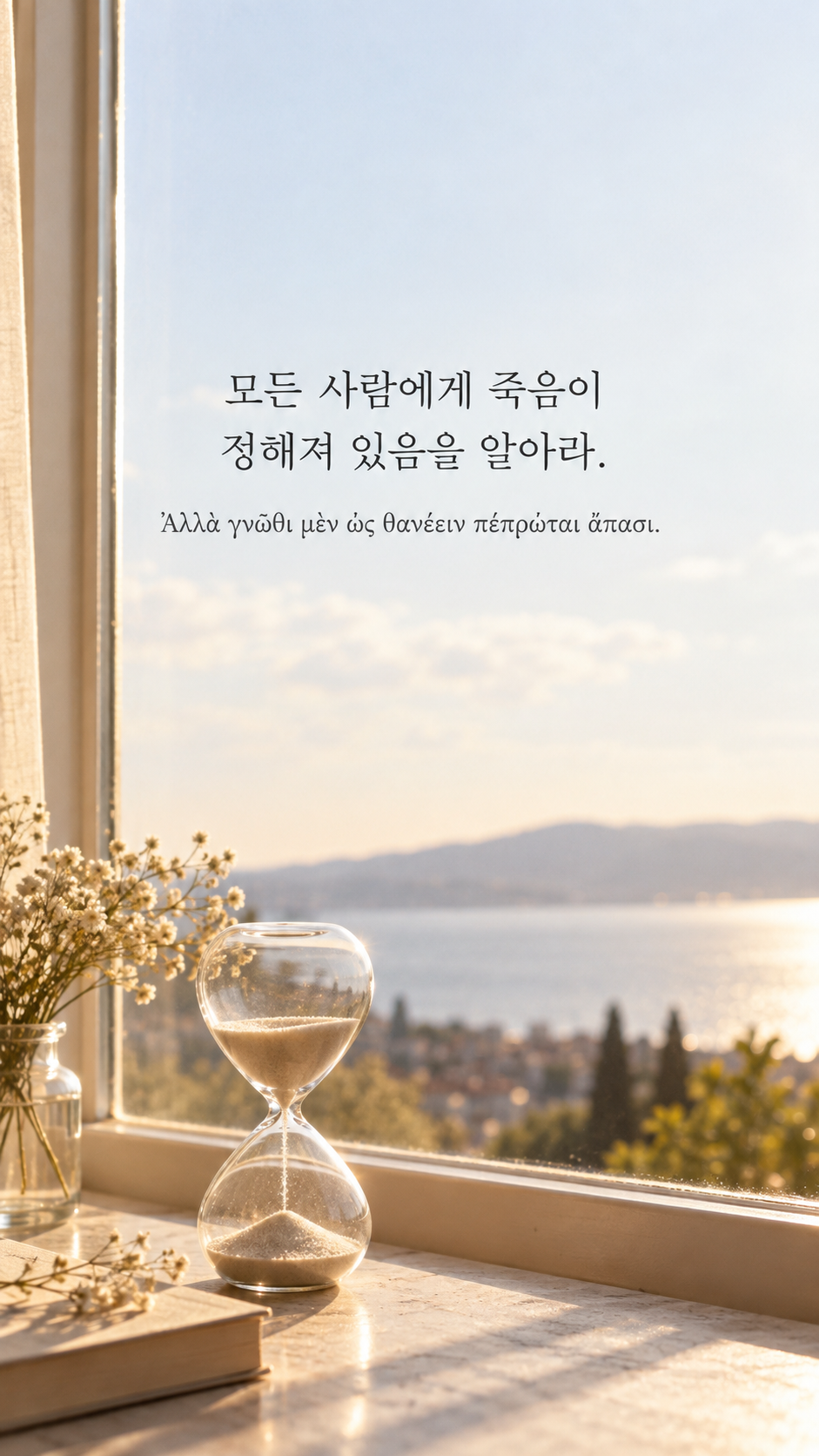 피타고라스 전통 황금시 9 모든 사람에게 죽음이 정해져 있음을 알아라. 밝은 창가의 유리 모래시계 배경의 한글&middot;그리스어 세로 이미지