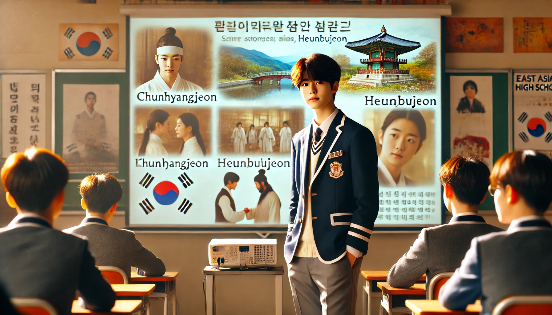 고전 문학 발표 중인 동아시아 고등학생의 학구적인 발표 장면